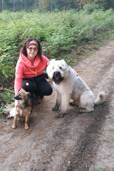Uśmiechnięta kobieta, która głaszcze dwa psy na leśnej drodze - Przedszkole Samorządowe Nr 2 Pod Słonkiem w Białymstoku