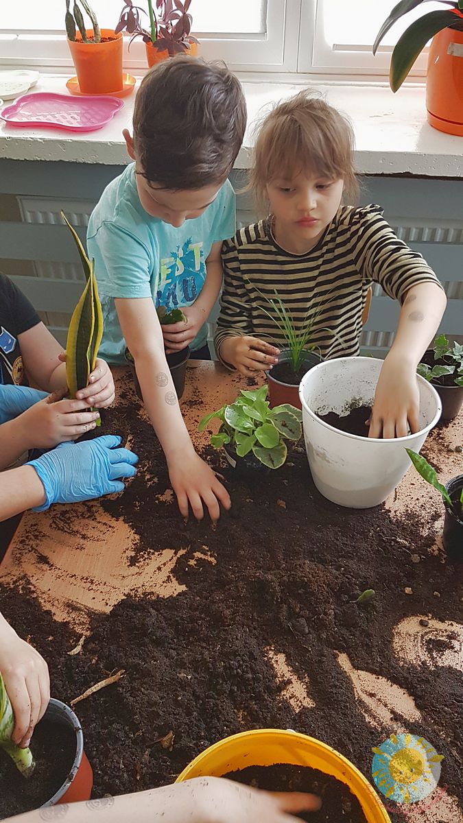 Chłopak z dziewczynką dosypują ziemię do kwiatków - Przedszkole Samorządowe Nr 2 Pod Słonkiem w Białymstoku