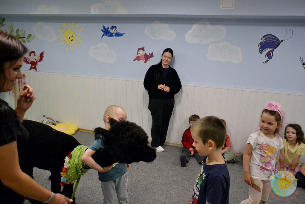 Dzieci przytulają i głaszczą alpakę - Przedszkole Samorządowe Nr 2 Pod Słonkiem w Białymstoku