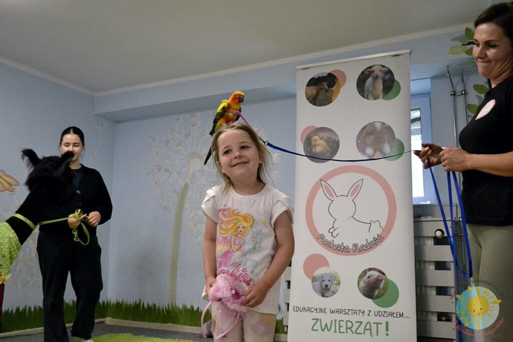 Siedząca papuga na głowie dziecka - Przedszkole Samorządowe Nr 2 Pod Słonkiem w Białymstoku