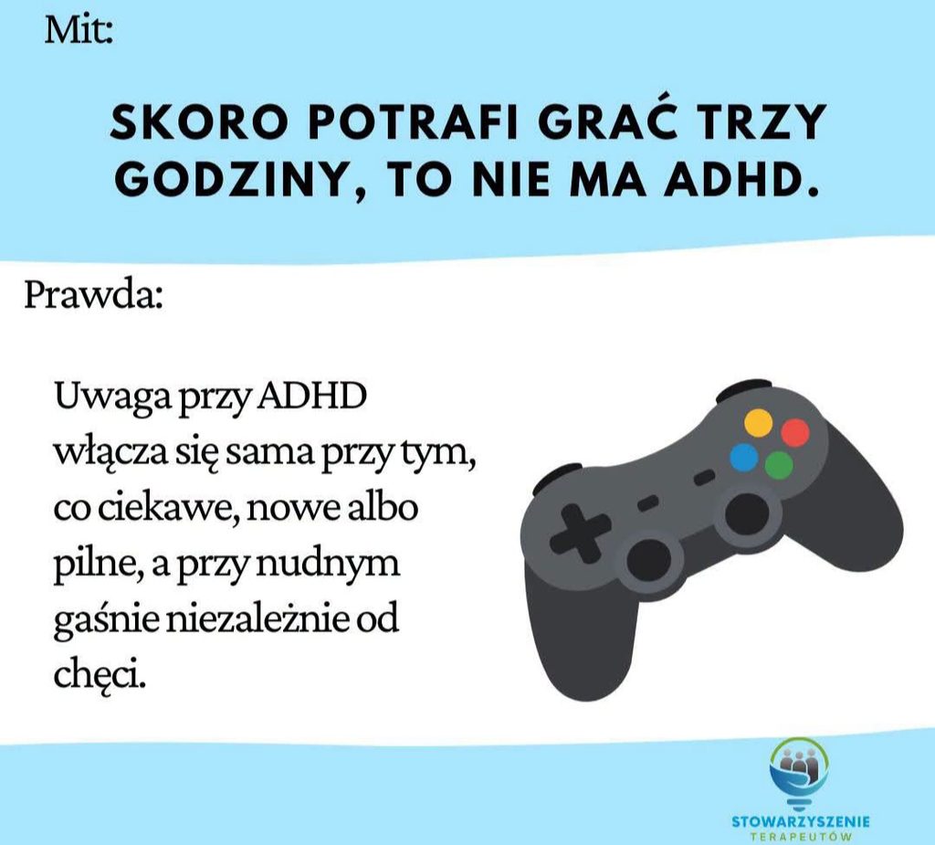 Grafika obalająca mit o ADHD. Tekst głosi: Mit: Skoro potrafi grać trzy godziny, to nie ma ADHD. Prawda: Uwaga przy ADHD włącza się sama przy tym, co ciekawe, nowe albo pilne, a przy nudnym gaśnie niezależnie od chęci. Obok znajduje się ilustracja kontrolera do gier.